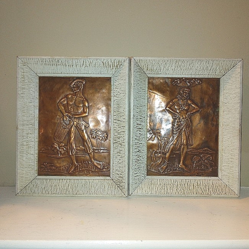 Mid Century Framed Embossed Press Copper Island Man and Woman Art Decor.